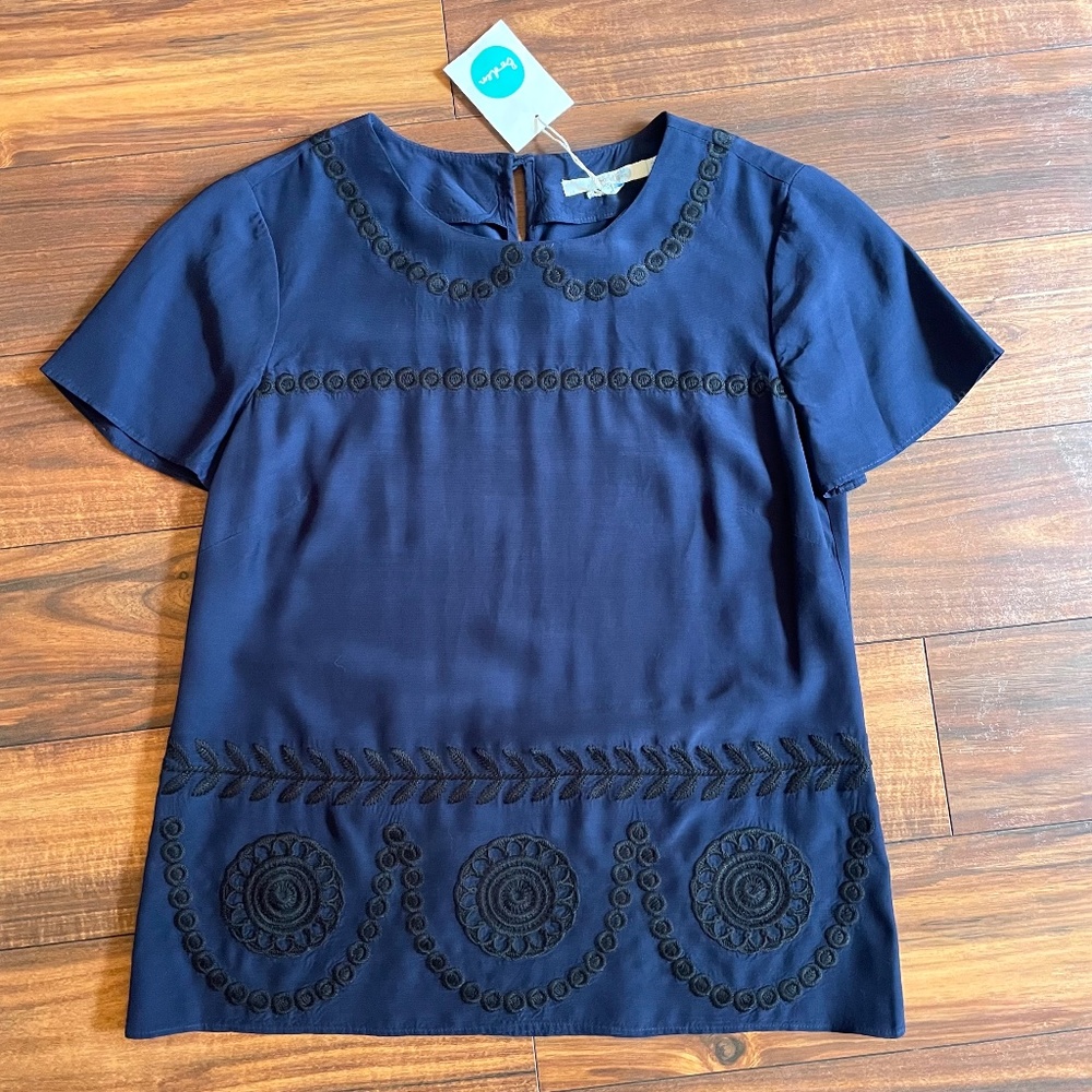 Boden Navy Chic Embroidered Top Blue Silky Viscose US 2 NEW